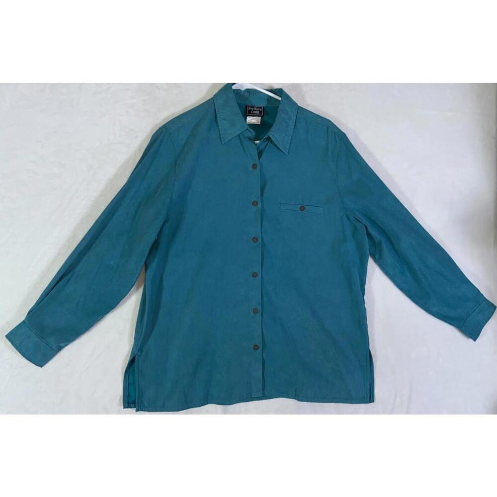 Southern Lady Women Large 342H Poly  Size Teal Button Down Shirt Blouse